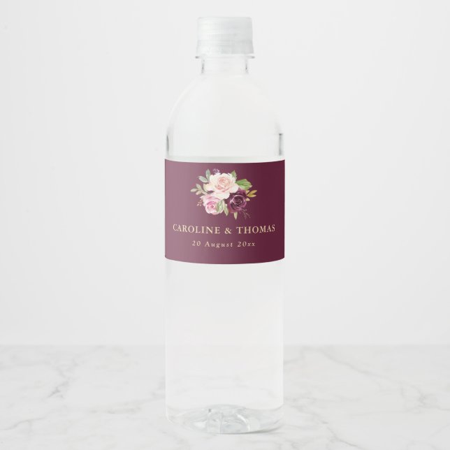 purple plum & peach floral wedding water bottle label (Front)