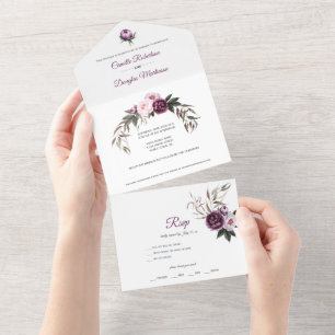 Purple Plum Pink Peonies Floral Wedding All In One Invitation