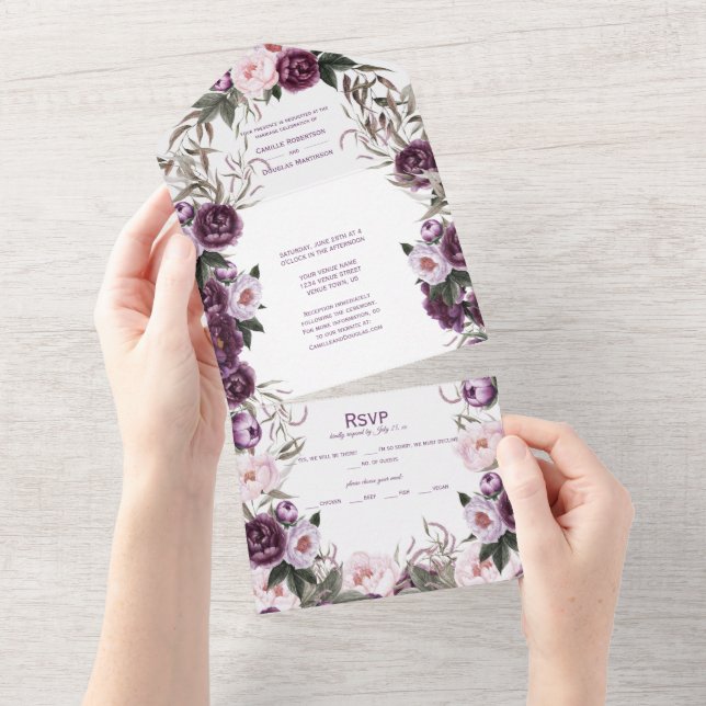 Purple Plum Pink Peonies Wedding | All In One Invitation (Tearaway)
