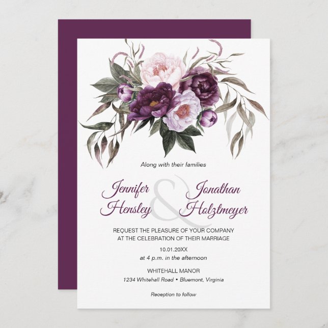 Purple Plum Pink Peonies Wedding Invitation (Front/Back)