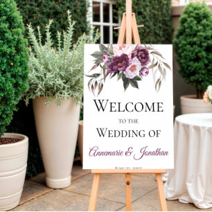 Purple Plum Pink Peonies Welcome to Our Wedding Poster