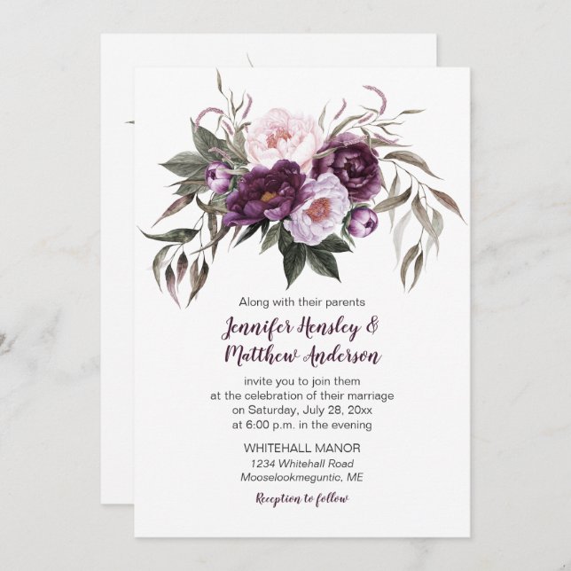 Purple Plum Pink Watercolor Floral Wedding #3 Invitation (Front/Back)