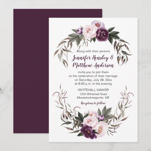 Purple Plum Pink Watercolor Peonies Wedding #2 Invitation (Front/Back)