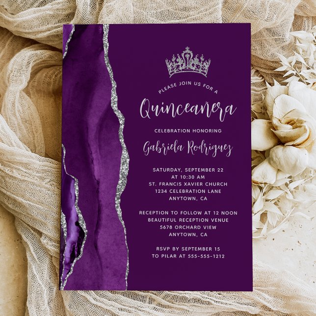 Purple Plum Silver Agate Quinceañera Invitation (Creator Uploaded)