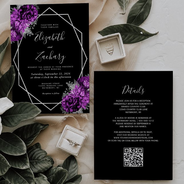 Purple Plum Silver Floral Black QR Code Wedding Invitation (Creator Uploaded)