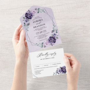 Purple Plum Silver Floral Blooms Geometric Wedding All In One Invitation