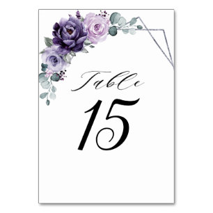 Purple Plum Silver Floral Blooms Geometric Wedding Table Number