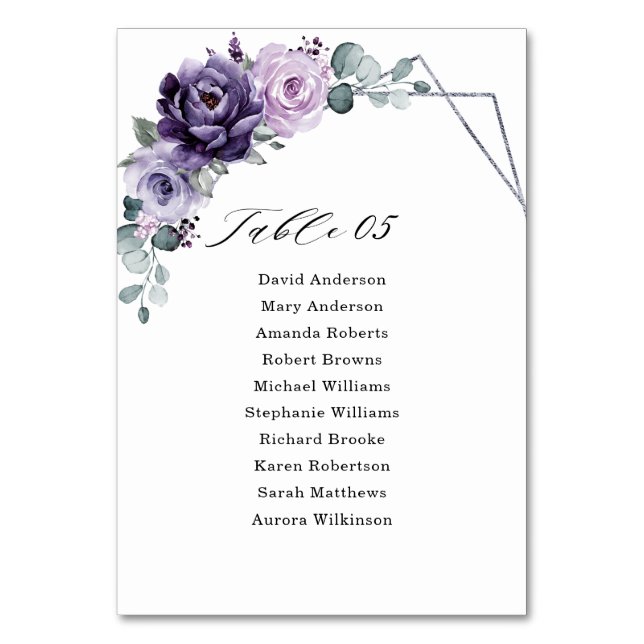 Purple Plum Silver Floral Blooms Geometric Wedding Table Number (Front)