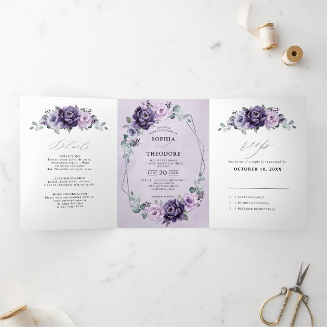 Purple Plum Silver Floral Blooms Geometric Wedding Tri-Fold Announcement (Inside)
