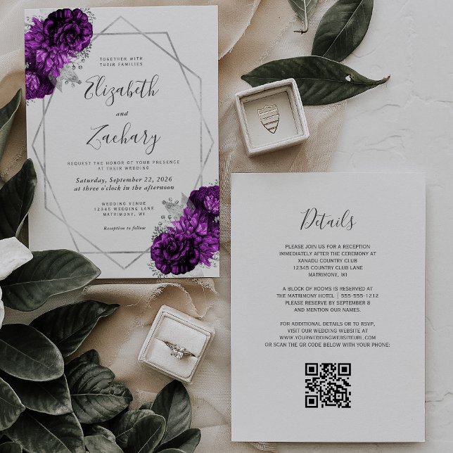 Purple Plum Silver Floral White QR Code Wedding Invitation (Creator Uploaded)