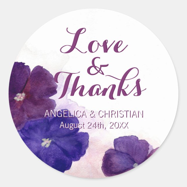 Purple Plum Violet Floral Wedding Love & Thanks Classic Round Sticker (Front)