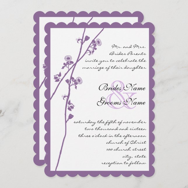 Purple Plum Wild Flower Branch Wedding Invites (Front/Back)