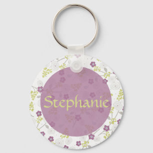 Purple Plumeria Customisable Name Button Keychain