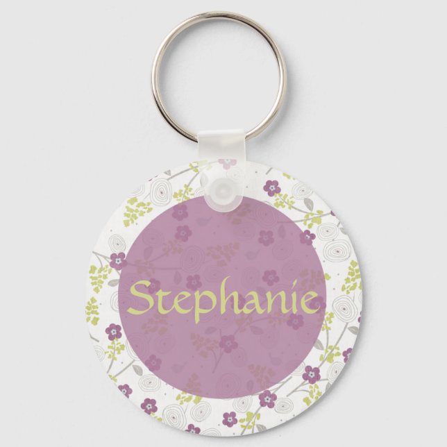 Purple Plumeria Customisable Name Button Keychain (Front)