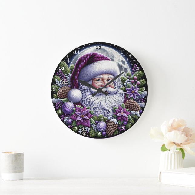 Purple Poinsettia Santa  Enchanting Christmas Wall Large Clock (Home)