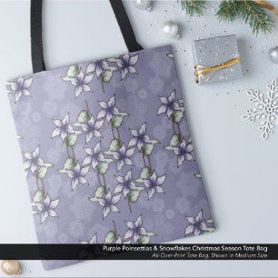 Purple Poinsettias & Snowflakes Christmas Winter Tote Bag