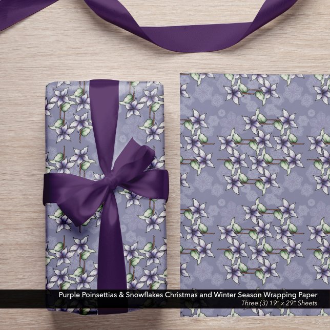 Purple Poinsettias & Snowflakes Christmas Winter Wrapping Paper Sheet (Red Poinsettias & Snowflakes Christmas and Winter Season Wrapping Paper Sheets)