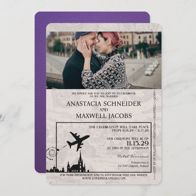 Purple Poland Passport Wedding Invitation (Front/Back)