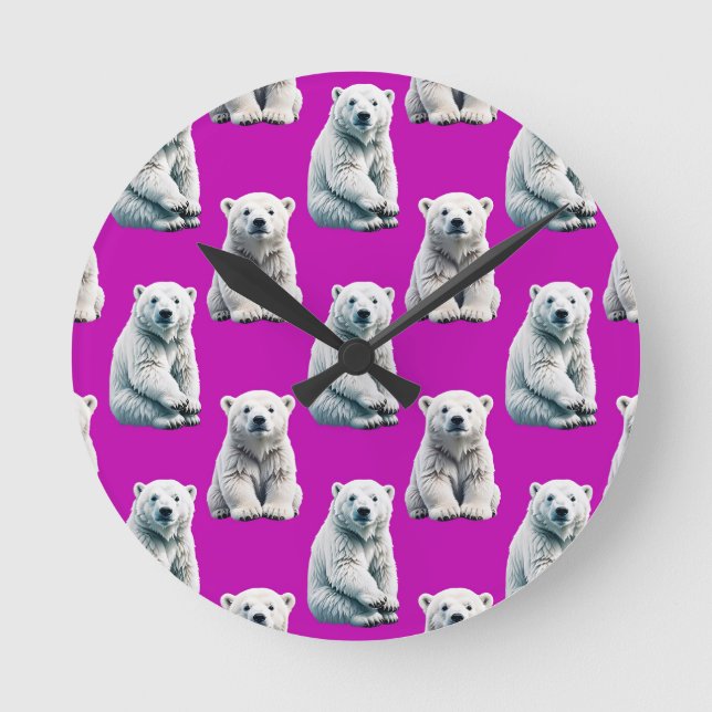 Purple Polar Bear Pattern Design  Round Clock (Front)