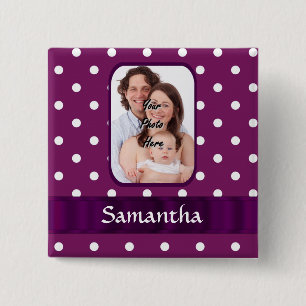 Purple polka dot 15 cm square badge