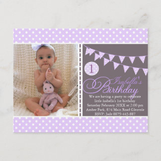 Purple Polka Dot Bunting First Birthday Invite