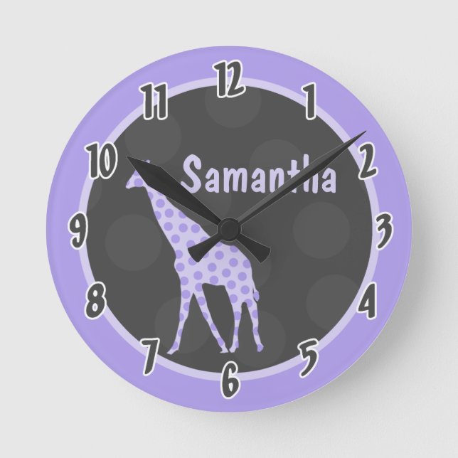 Purple Polka Dot Giraffe Jungle Personalised Clock (Front)