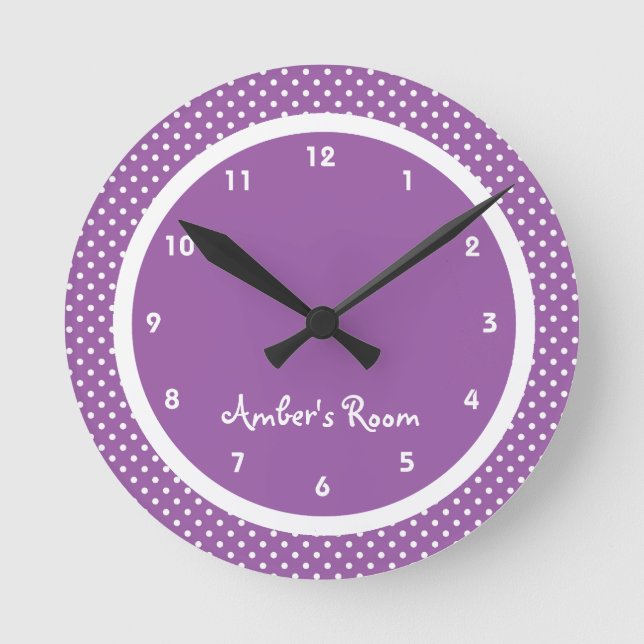 Purple Polka Dot Kid's Bedroom Round Clock (Front)