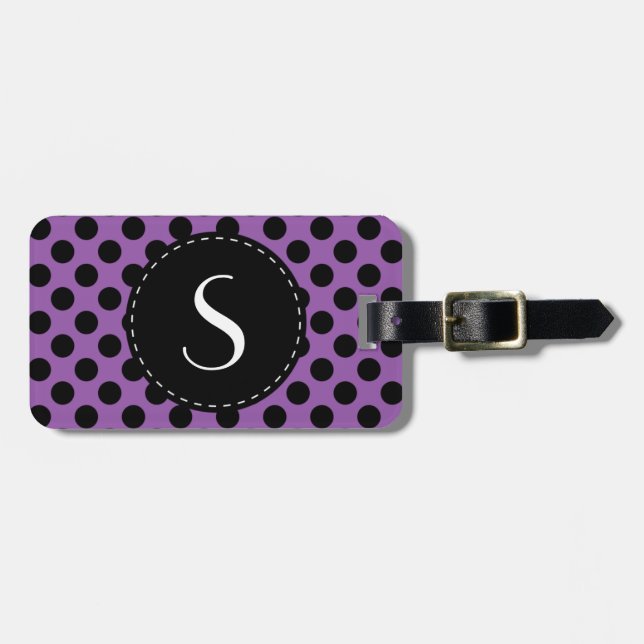 Purple Polka Dot Monogram Personalised Luggage Tag (Front Horizontal)
