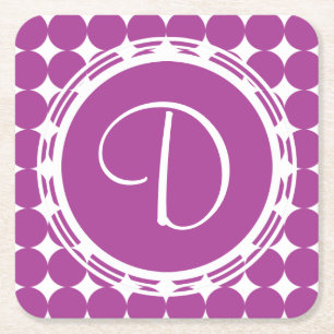 Purple Polka Dot Monogram Square Paper Coaster