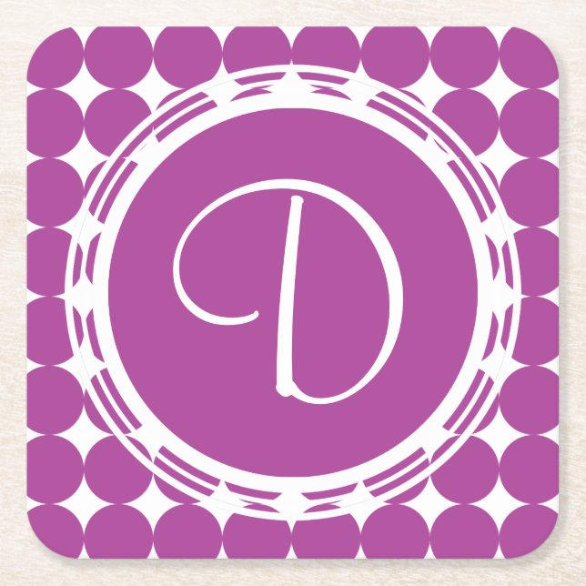 Purple Polka Dot Monogram Square Paper Coaster (Front)
