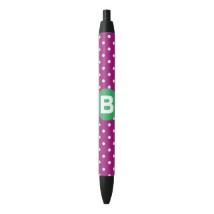 Purple Polka Dot Pattern Green Monogram Black Ink Pen