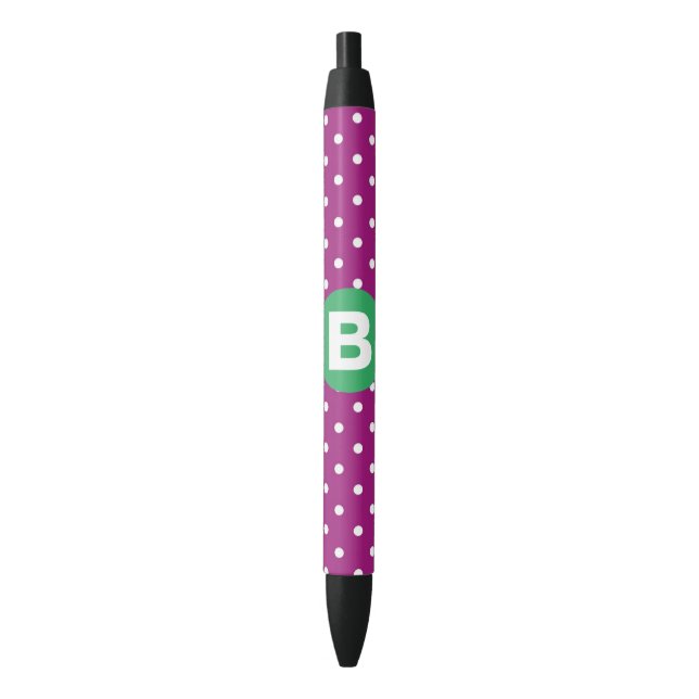 Purple Polka Dot Pattern Green Monogram Black Ink Pen (Front Vertical)