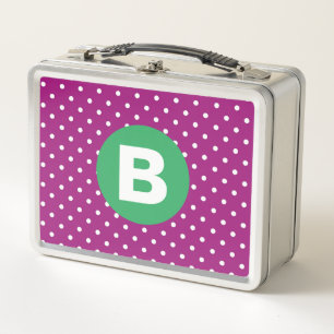 Purple Polka Dot Pattern Green Monogram Metal Lunch Box