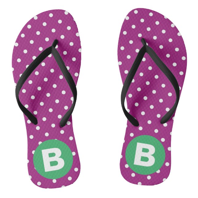 Purple Polka Dot Pattern Green Monogram Thongs (Footbed)