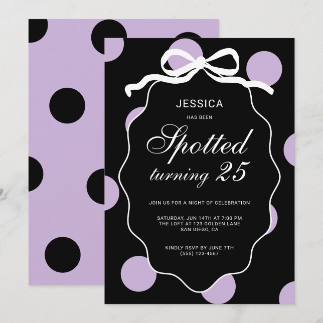 Purple Polka Dot Spotted Turning 25th Birthday Invitation (Front/Back)