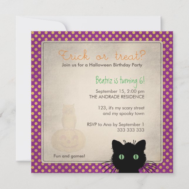 Purple Polka Dot Trick Treat Halloween Birthday Invitation (Front)
