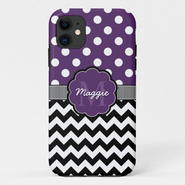 Purple Polka Dots Black Chevron Monogram Case-Mate iPhone Case (Back)