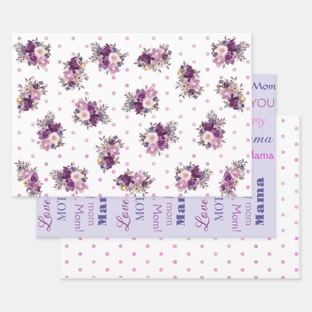  Purple Polka Dots Flowers and Mother Word Art Wrapping Paper Sheet (Set)