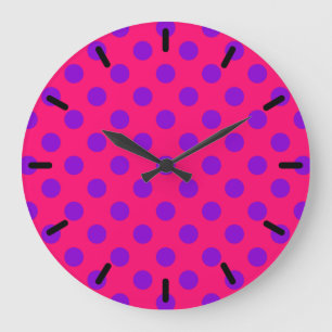 Purple polka dots on cerise large clock
