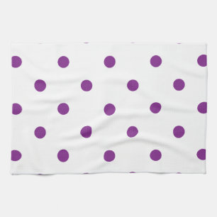 Purple Polka Dots on White Background Tea Towel