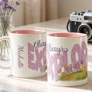 Purple Polka Dots With Watercolor Garden Two-Tone Coffee Mug