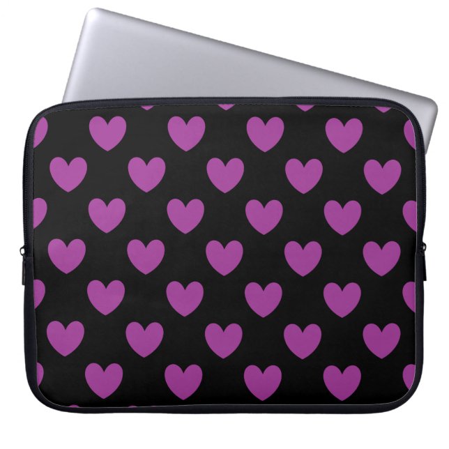 Purple polka hearts on black laptop sleeve (Front)