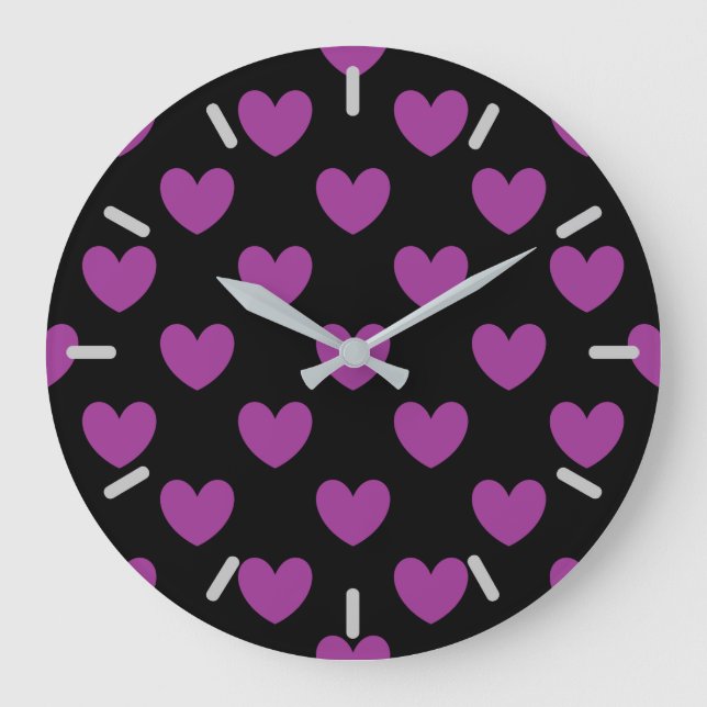 Purple polka hearts on black large clock (Front)