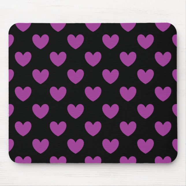 Purple polka hearts on black mouse pad (Front)