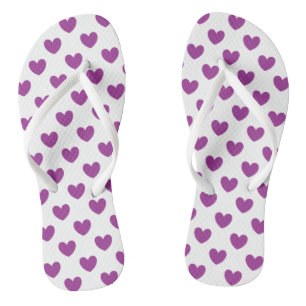 Purple polka hearts on white thongs