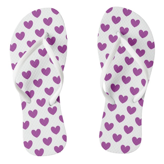 Purple polka hearts on white thongs (Footbed)