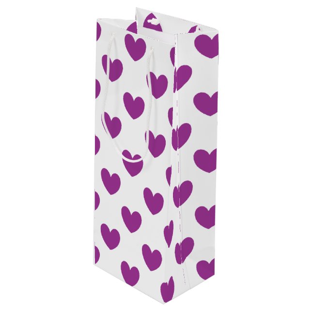 Purple polka hearts on white wine gift bag (Front Angled)