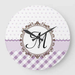 Purple Polkadots, Checks and Stripes with Monogram Large Clock