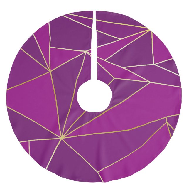 Purple Polygon Art: Gold Line Geometric Background Brushed Polyester Tree Skirt (Front)