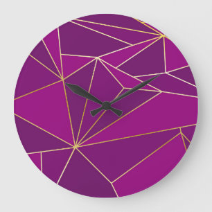 Purple Polygon Art: Gold Line Geometric Background Large Clock